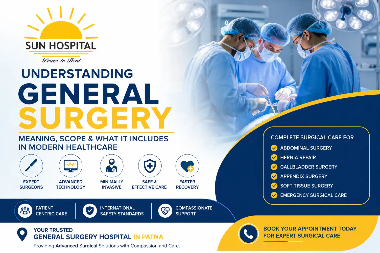 Expert surgeons performing advanced minimally invasive procedures at a general surgery hospital in Patna for safe and effective surgical care.